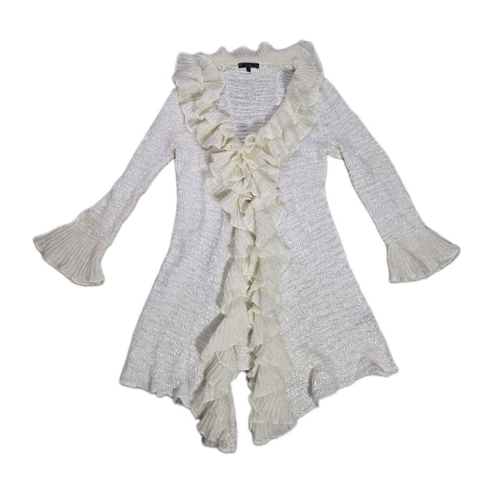 VTG Y2K Sioni Ivory Ruffle Knit Cardigan Bell Sleeve Open Front Sweater XL EUC